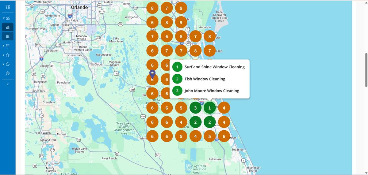 Surf N Shine keyword ranking heat map — Melbourne, FL